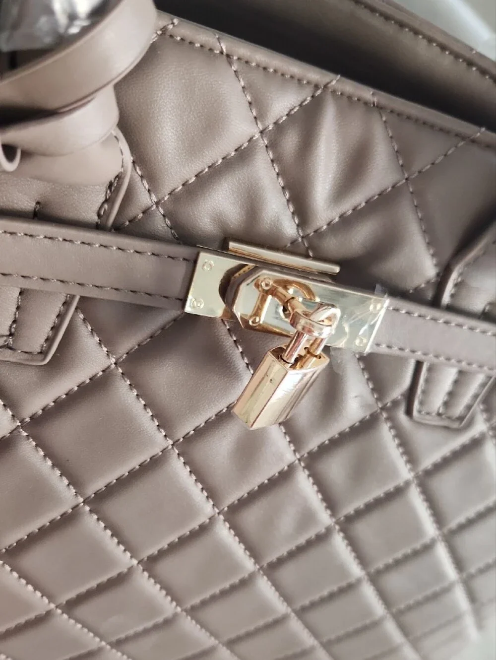 Badgley Mischka Quilted Taupe Satchel with Gold Hardware